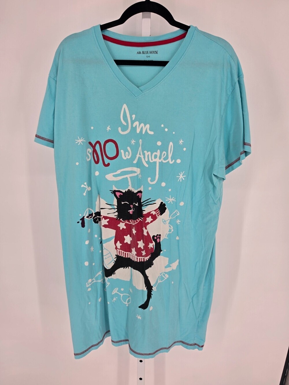 Little Blue House Womens OS Oversized Sleep Shirt Blue Cat Snow Angel Funny